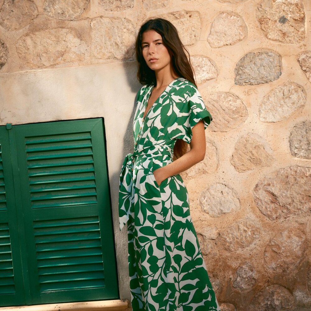 Zara belted printed midi dress with leaf pattern, Size L